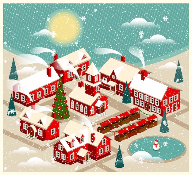 Karikatur-weihnachtsstadt mit kirche. snowy street. weihnachtskarte frohe feiertage banner.