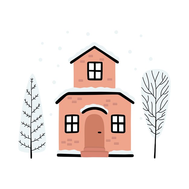 Vektor karikatur winterhaus und bäume mit schnee bedeckt.