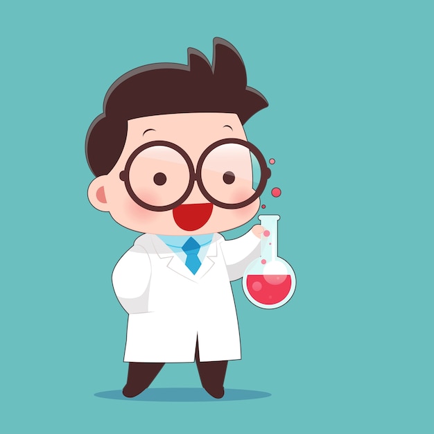 Karikatur-Wissenschaftler mit Reagenzglas und Wissenschaftsexperimenten.