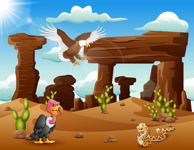 Karikaturadlervogel, -truthahn und -schlange, die in der wüste leben