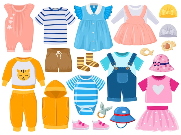 Vektor karikaturbabykindermädchen- und -jungenkleidung, -hüte, -schuhe. kindermode kleidung, strampler, shorts, kleid und schuhe vektorgrafik-set. baby-cartoon-outfits