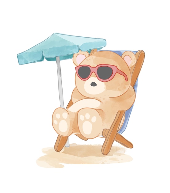 Karikaturbär in der sonnenbrille, die auf der strand-stuhl-illustration sitzt