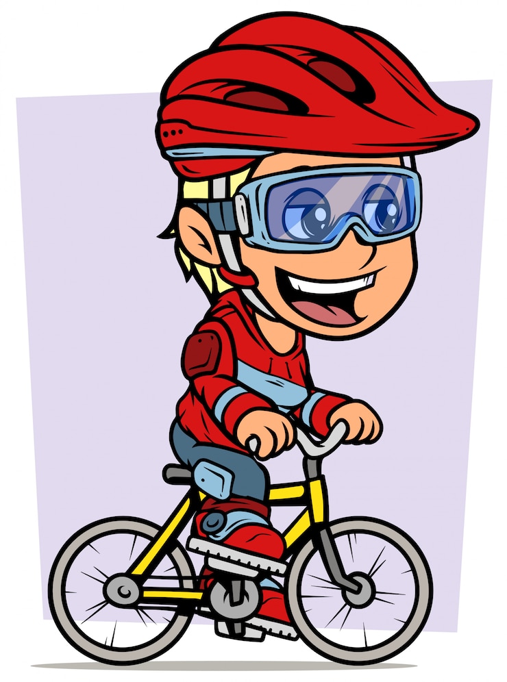 Karikaturblondes Mädchencharakter, der auf Fahrrad reitet