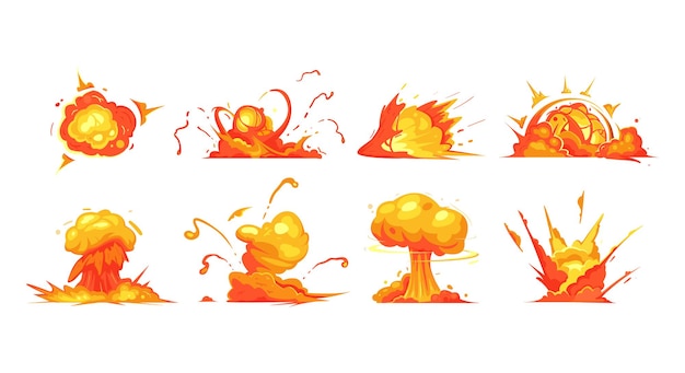 Vektor karikaturbomben-dynamit-explosionen und atombomben trüben isolierte symbole.