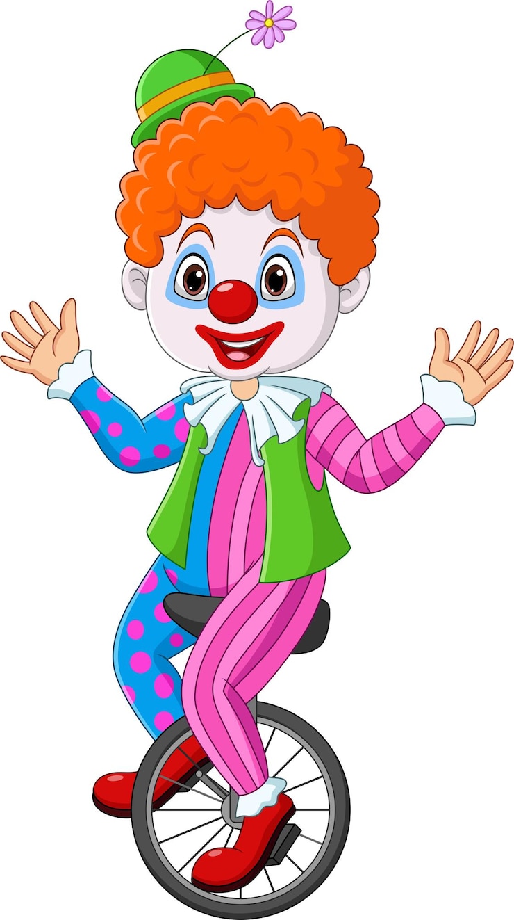Vektor karikaturclown, der fahrrad mit einem rad fährt