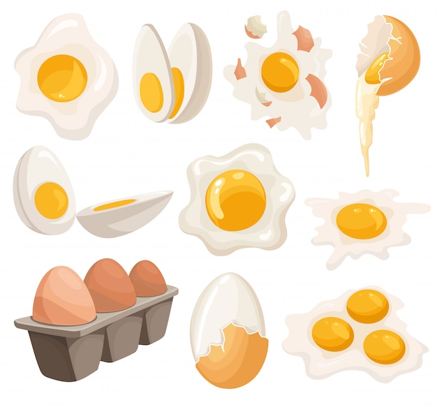Karikatureier lokalisiert auf weißem Hintergrund. Satz gebratene, gekochte, geknackte Eierschale, geschnittene Eier und Hühnereier in der Schachtel. Illustration. Sammeln Sie Eier in verschiedenen Formen