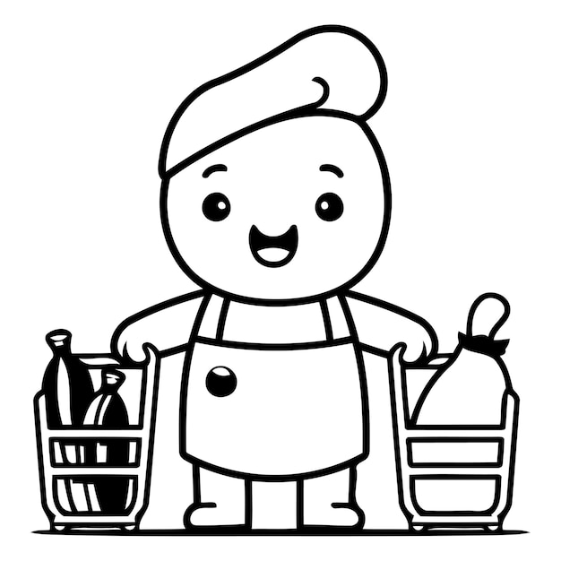 Vektor karikaturfigur des koch mit einem korb mit essen vektorillustration