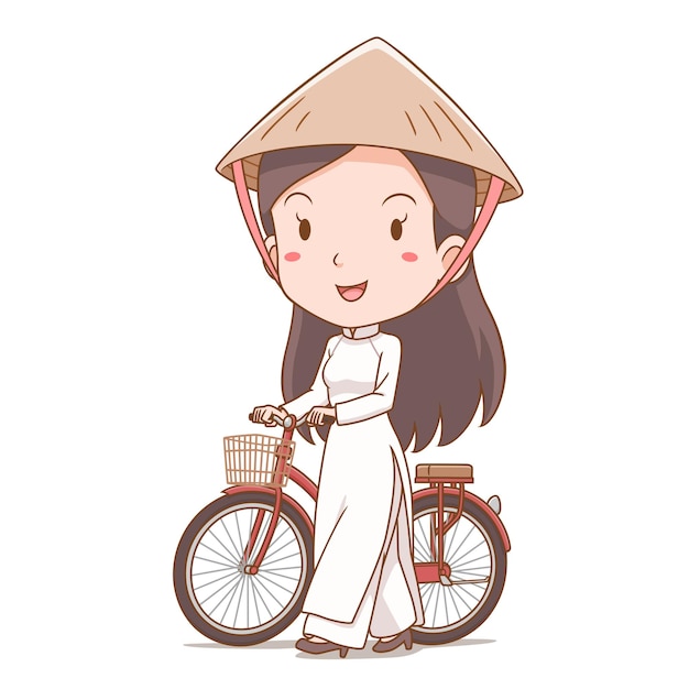 Vektor karikaturfigur des vietnamesischen mädchens in der tracht, die mit fahrrad geht.