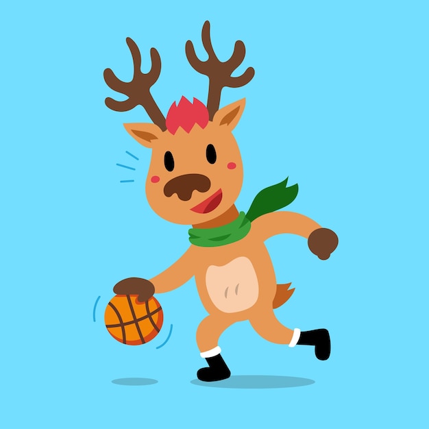 Vektor karikaturfigur weihnachtsrentier, die basketball spielt