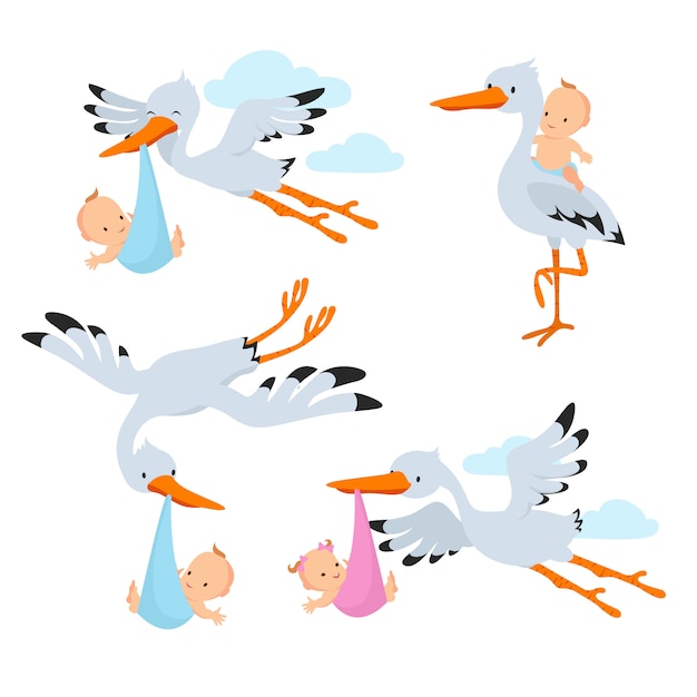 Vektor karikaturfliegenstörche und storchvögel, die babyvektorsatz tragen