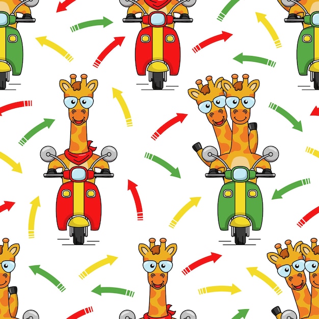 Karikaturgiraffe, die ein nahtloses musterdesign des motorrads reitet