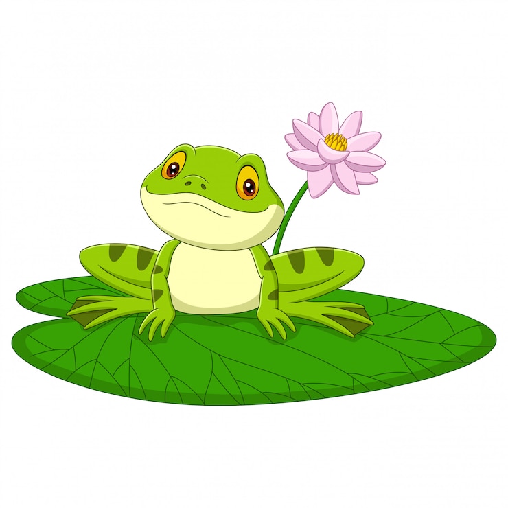 Vektor karikaturgrüner frosch, der auf einem blatt sitzt