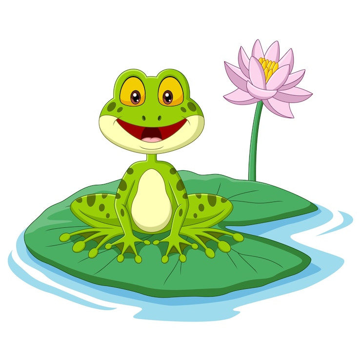 Vektor karikaturgrüner frosch, der auf einem blatt sitzt