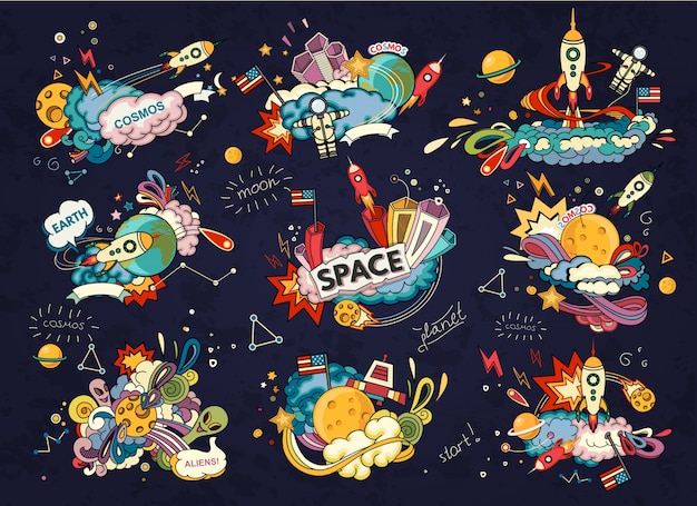 Karikaturillustration des Raumes. Mond, Planet, Rakete, Erde, Kosmonaut, Komet, Universum.