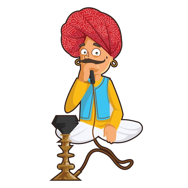 Karikaturillustration eines rajasthani-mannes, der wasserpfeife hält