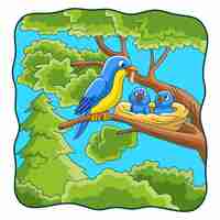 Vektor karikaturillustration vögel bringen nahrung und sitzen auf bäumen
