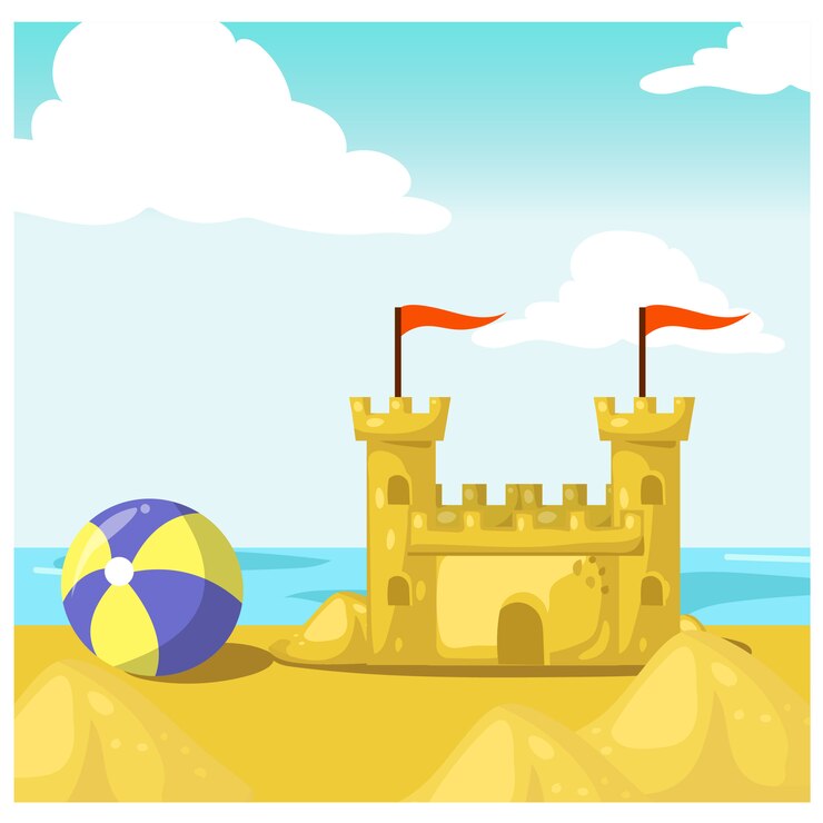 Vektor karikaturillustration von sandburg, wasserball, meer, strand. illustration