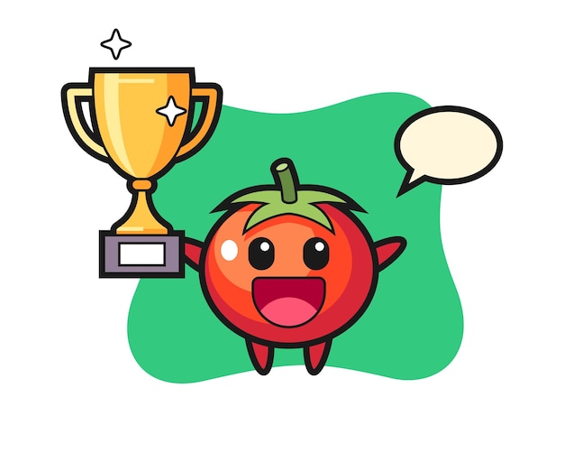 Karikaturillustration von tomaten ist glücklich, die goldene trophäe hochzuhalten