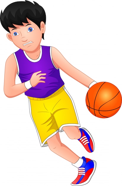 Karikaturjunge, der basketball spielt
