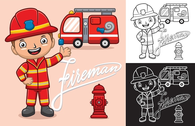 Karikaturjunge in Feuerwehruniform mit Feuerwehrauto und Hydranten