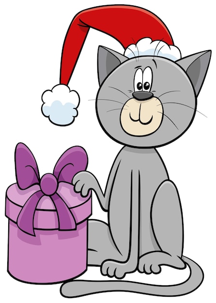 Vektor karikaturkatzentiercharakter mit geschenk zur weihnachtszeit