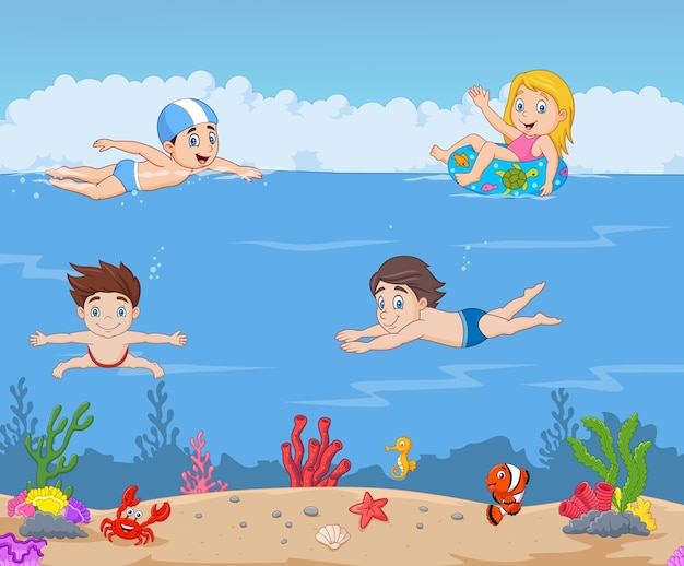 Karikaturkinder, die im tropischen ozean schwimmen