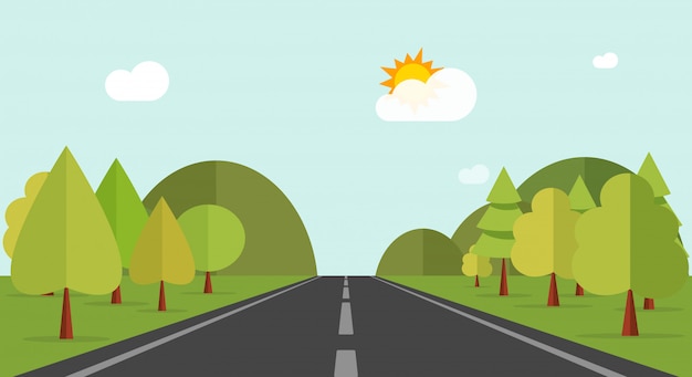 Karikaturlandstraßenstraße über grünen Waldhügeln oder Naturlandschaftsvektorillustration