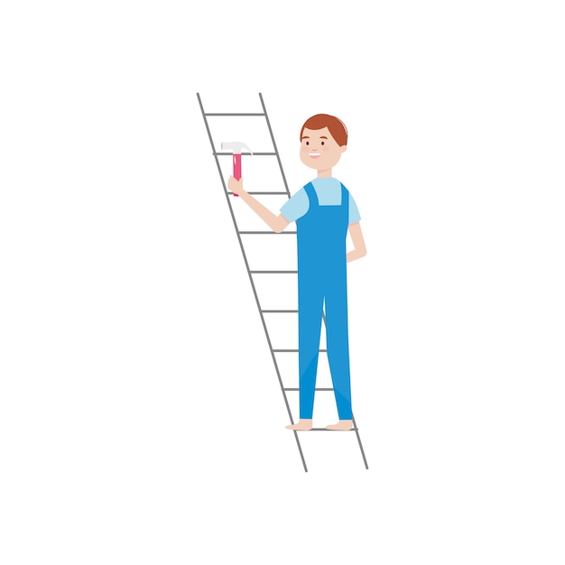Karikaturmann auf einer Leiter, die einen Hammer über weißem Hintergrund hält