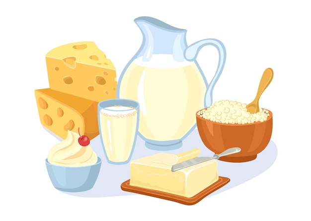 Karikaturmilchprodukte Zusammensetzung Milchfutter Bauernkäse Joghurtflasche und Butter Frische organische Quelle von Kalzium Schlagsahne Glaskrug gesunde Ernährung Prächtiges Vektorkonzept