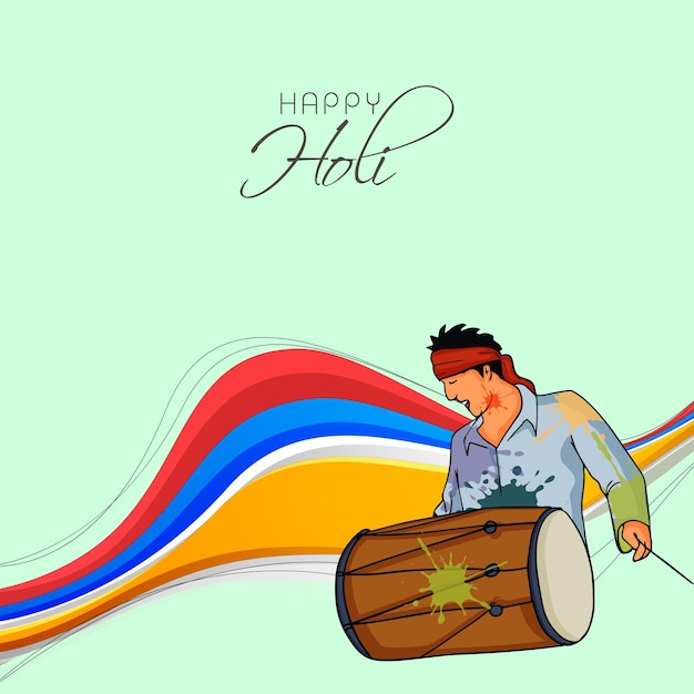 Karikaturporträt eines indischen Mannes, der Dhol spielt, gegen einen farbenfrohen Wellenhintergrund anlässlich des Happy Holi Celebration-Konzepts