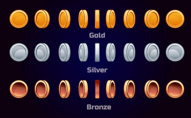 Karikatursatz metallmünzen, vektoranimationsspiel-drehungs-basierte rotation.