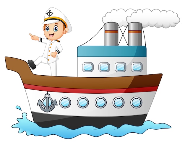 Karikaturschiffskapitän, der auf ein schiff zeigt