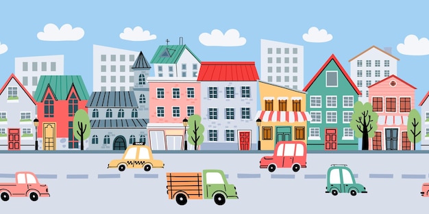 Karikaturstadtlandschaft mit nahtlosem hintergrund der gebäude und der autos. straße mit wohnungen und straßenverkehr für kinder. nette stadtvektorlinie. illustration der gebäudestraße des stadtbildes