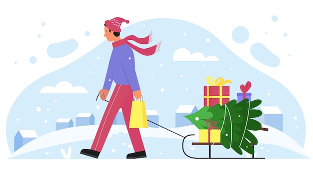 Karikaturvaterfigur, die schlitten mit tannenbaum und weihnachten trägt, präsentiert geschenke