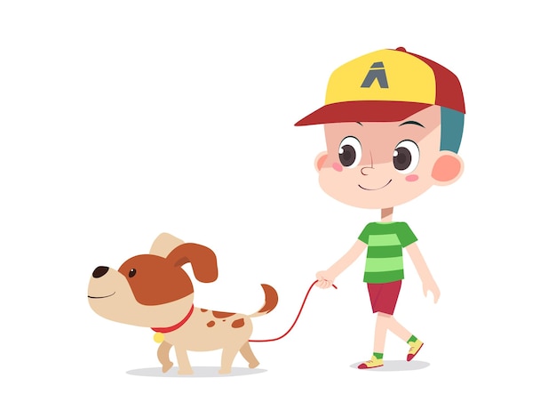 Karikaturvektorillustration eines jungen, der mit einem hund geht, der für kinderillustration oder hundeliebhaberillustration geeignet ist