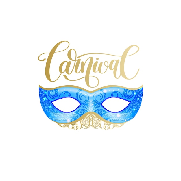 Karneval-schriftzug-logo-design mit maske und handgeschriebenem wort-vektor-typografischer illustration