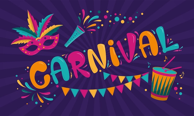 Karnevalsplakatdesign mit maske, girlande und trommel