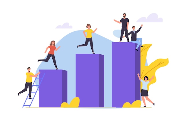 Karrierewachstum, konzept zur erreichung des geschäftsziels. charakter, der auf aufsteigendem diagramm klettert. flacher stil der vektorillustration?