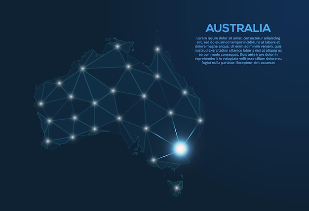Karte des australischen kommunikationsnetzwerks vektor-low-poly-bild einer weltkarte mit lichtern in form von städten karte in form einer konstellation stumm und sterne