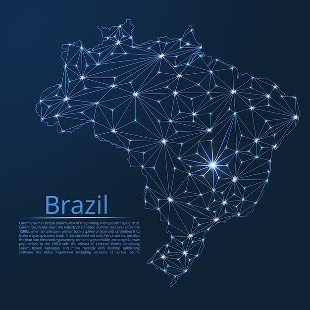 Karte des brasilianischen kommunikationsnetzwerks low-poly-vektorbild einer weltkarte mit lichtern