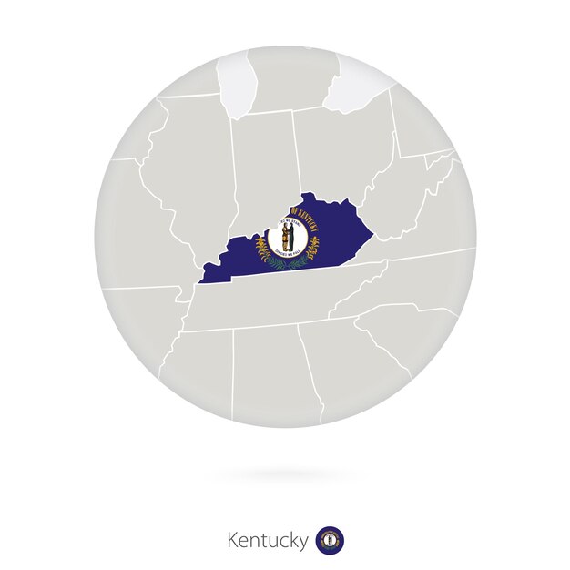 Karte des bundesstaates kentucky und flagge in einem kreis kartenkontur des us-bundesstaates kentucky mit flagge vector illustration