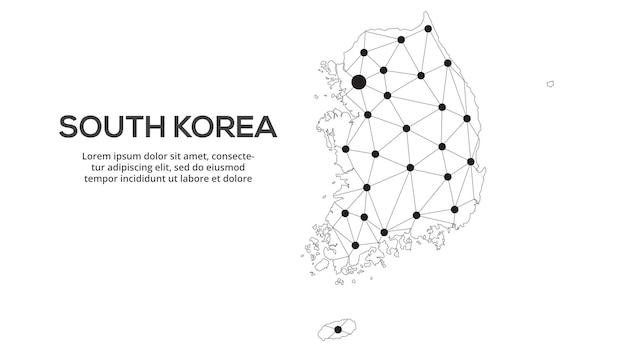 Karte des südkoreanischen Kommunikationsnetzwerks Vektorbild einer globalen Low-Poly-Karte mit Lichtern der Stadt Karte in Form von Linien und Punkten