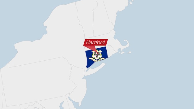 Karte des us-bundesstaates connecticut, hervorgehoben in den farben der connecticut-flagge und anstecknadel der landeshauptstadt hartford