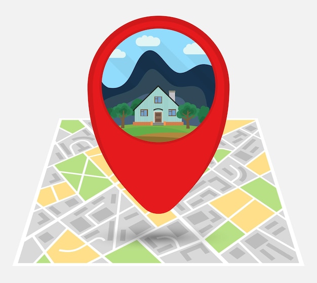 Karte einer imaginären Stadt mit Punkt auf der Karte mit einem einsamen Haus. Vektor-Illustration.