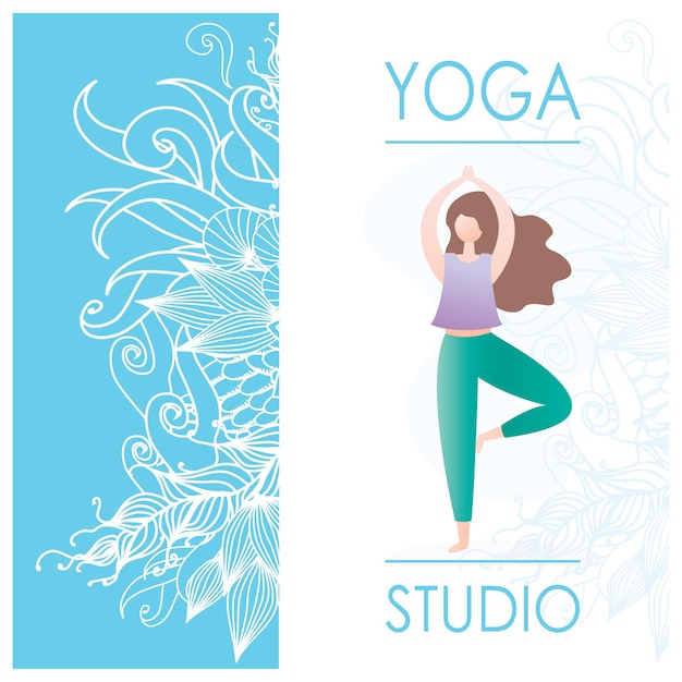 Karte für Frauen-Yoga-Studio mit floralem Ornament und Mädchen in Yoga-Pose