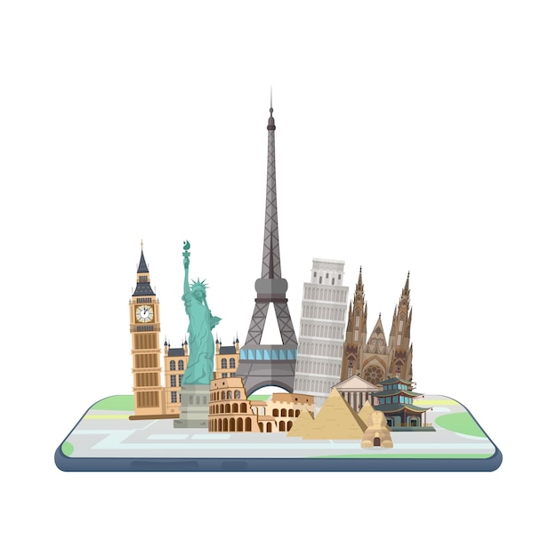 Karte im Smartphone. Weltmarksteine auf der Karte.