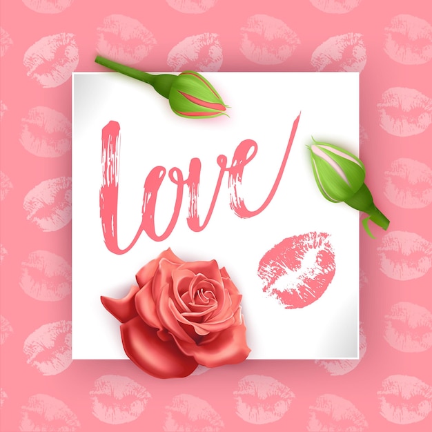 Karte mit der inschrift liebe am valentinstag. handbeschriftungskarte mit rosenknospen, illustration