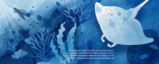 Karte und Poster des Ozeans im blauen Aquarellstil und Banner-Vektordesign
