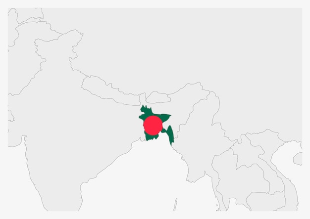 Karte von bangladesch, hervorgehoben in den farben der flagge bangladeschs, graue karte mit nachbarländern