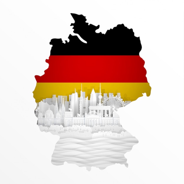 Karte von Deutschland mit weltberühmten Marksteinen im Papier schnitt Artvektorillustration